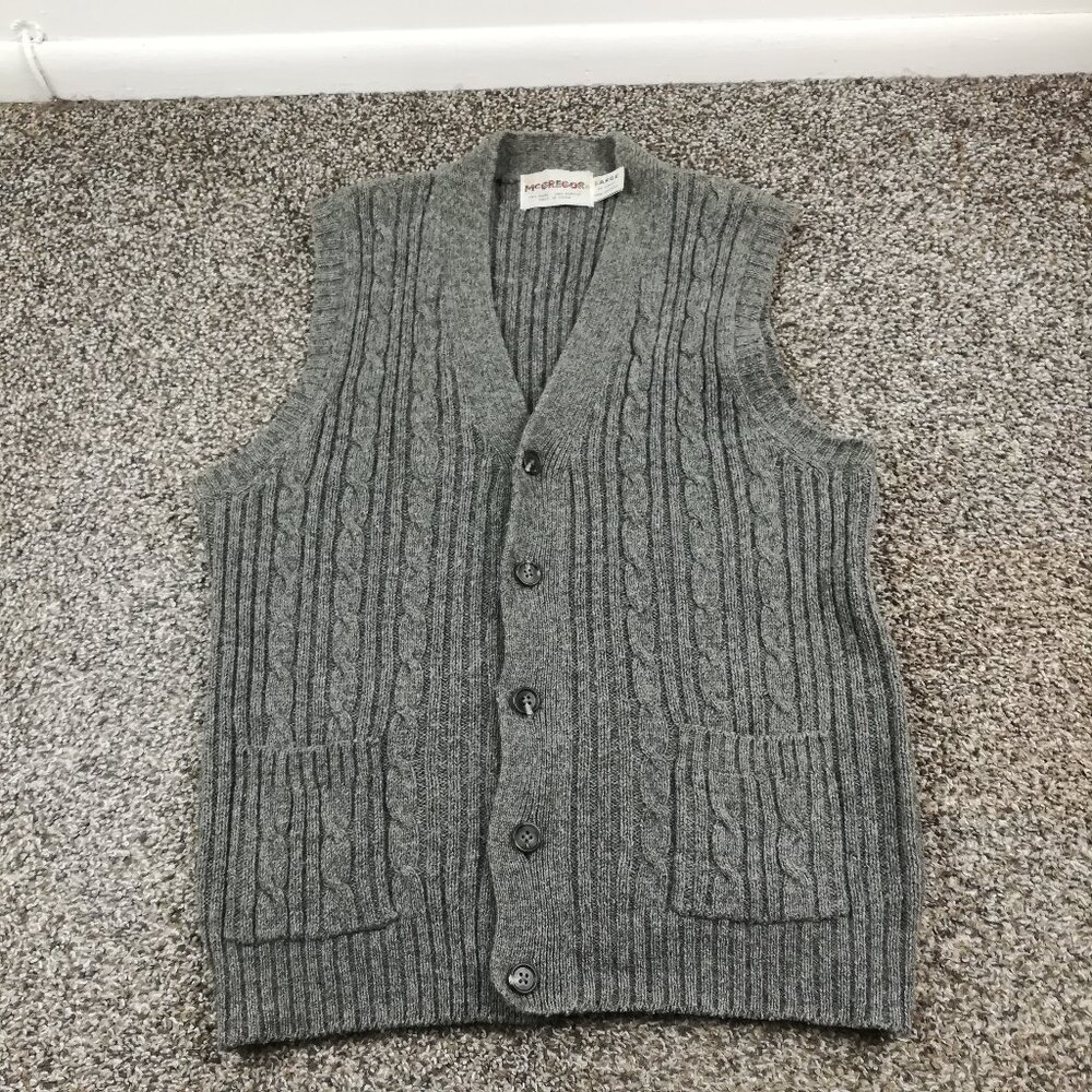 Vintage McGregor Vest Cardigan Sweater Wool Blend Cable Knit Gray Mens Large